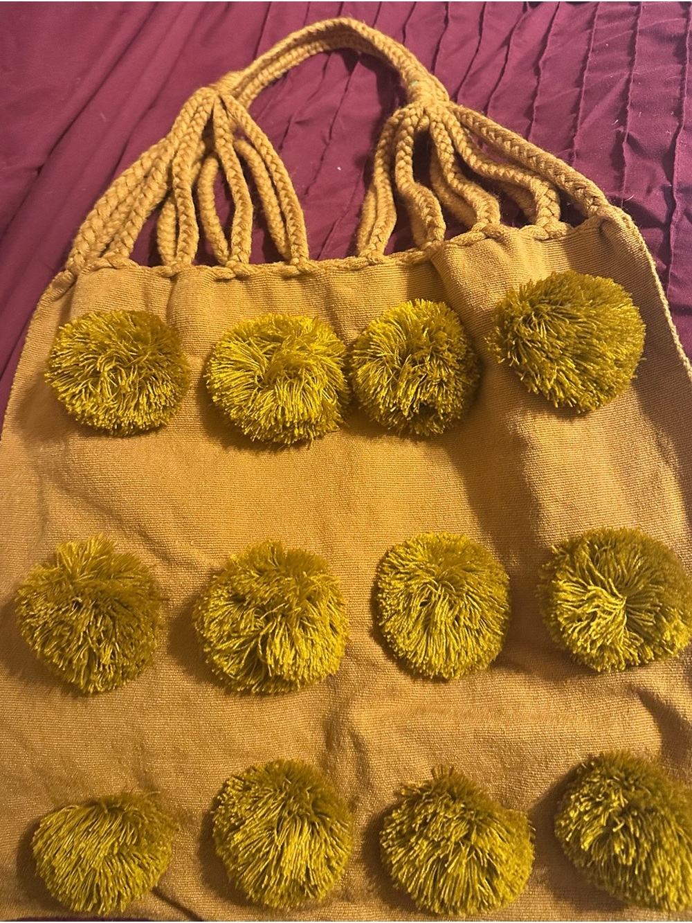 Boho Pom-Pom Tote Bag in Mustard Yellow - Women Bags